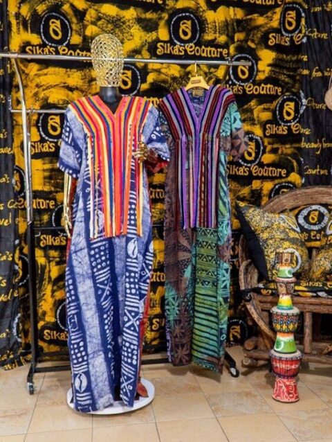 Abefe Adire Kaftan With Ribbon Neck